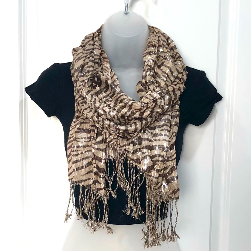 Shimmery Zebra Print Scarf - Tan & Brown w/ Silver Shimmer Accent